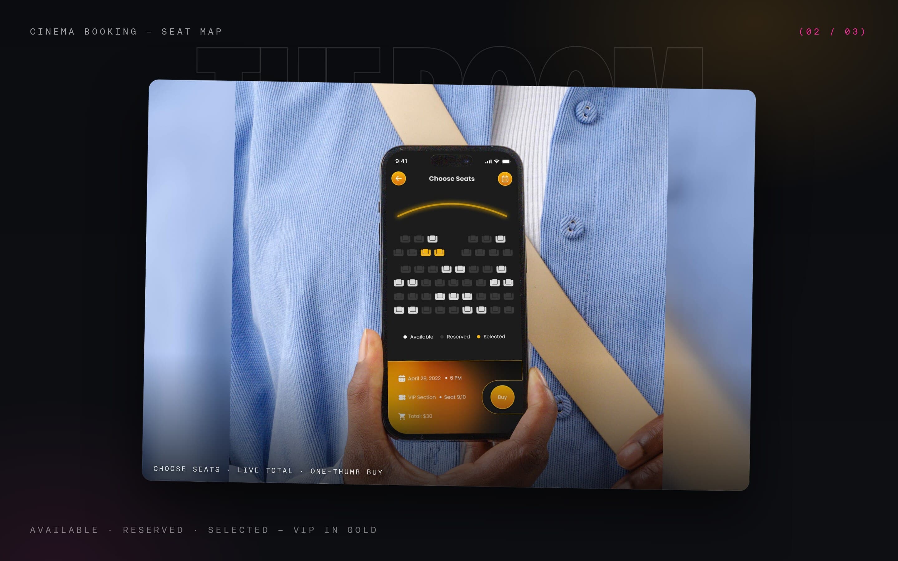 Cinema seat-selection screen with availability, selected seats, total, and buy action