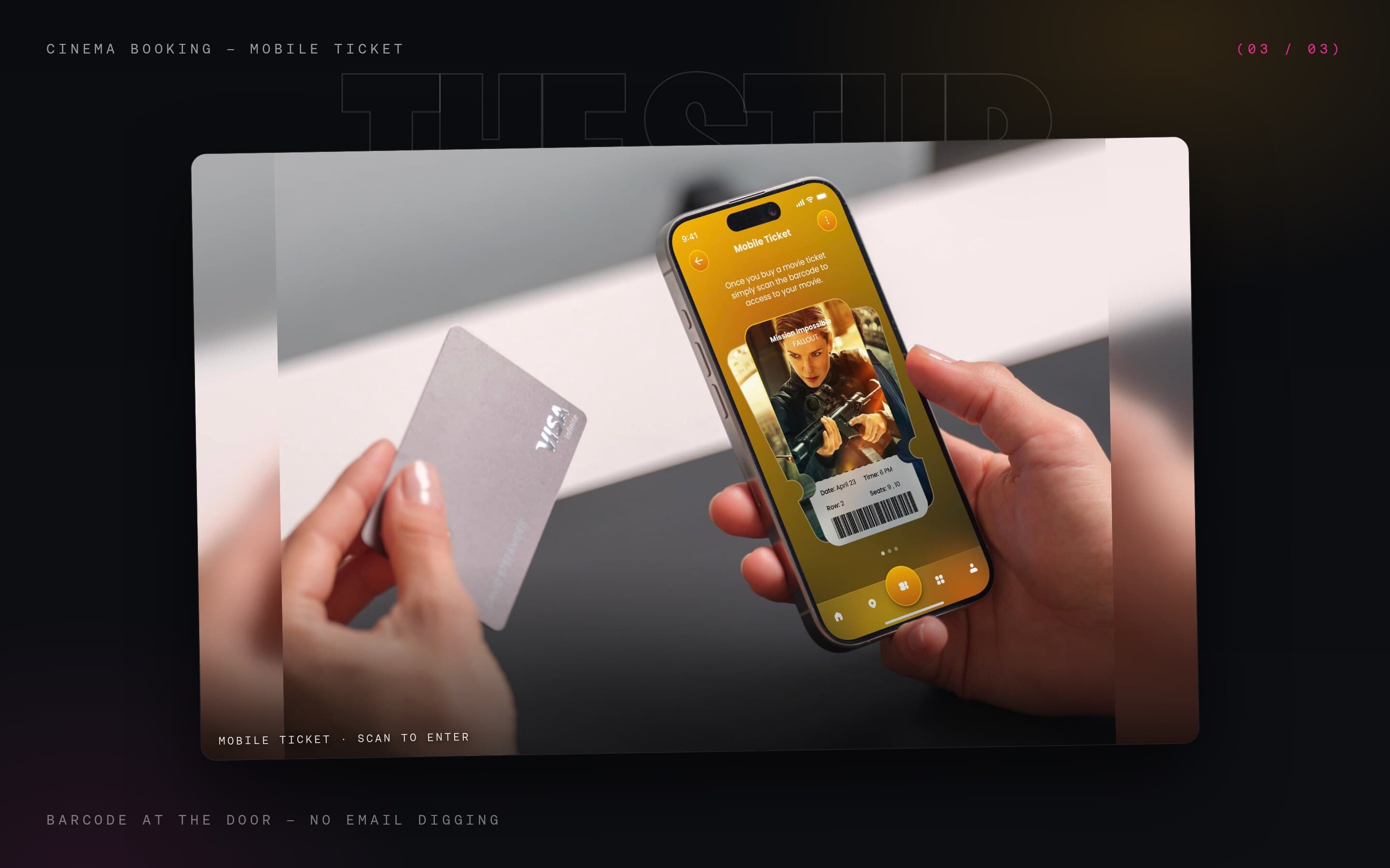 Mobile cinema ticket with film details, seat numbers, and barcode