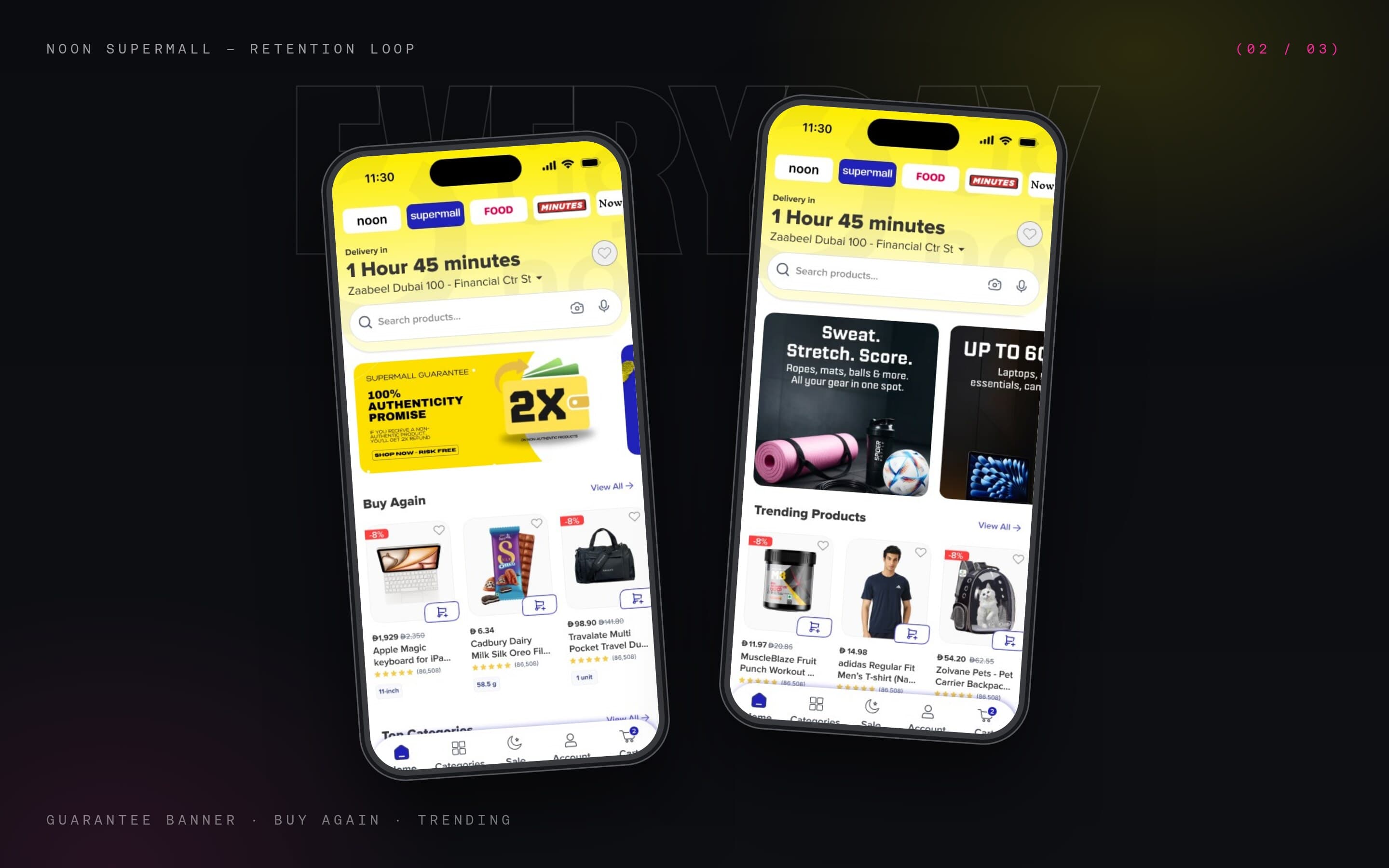 Home screens showing the authenticity guarantee banner, Buy Again row, and trending products