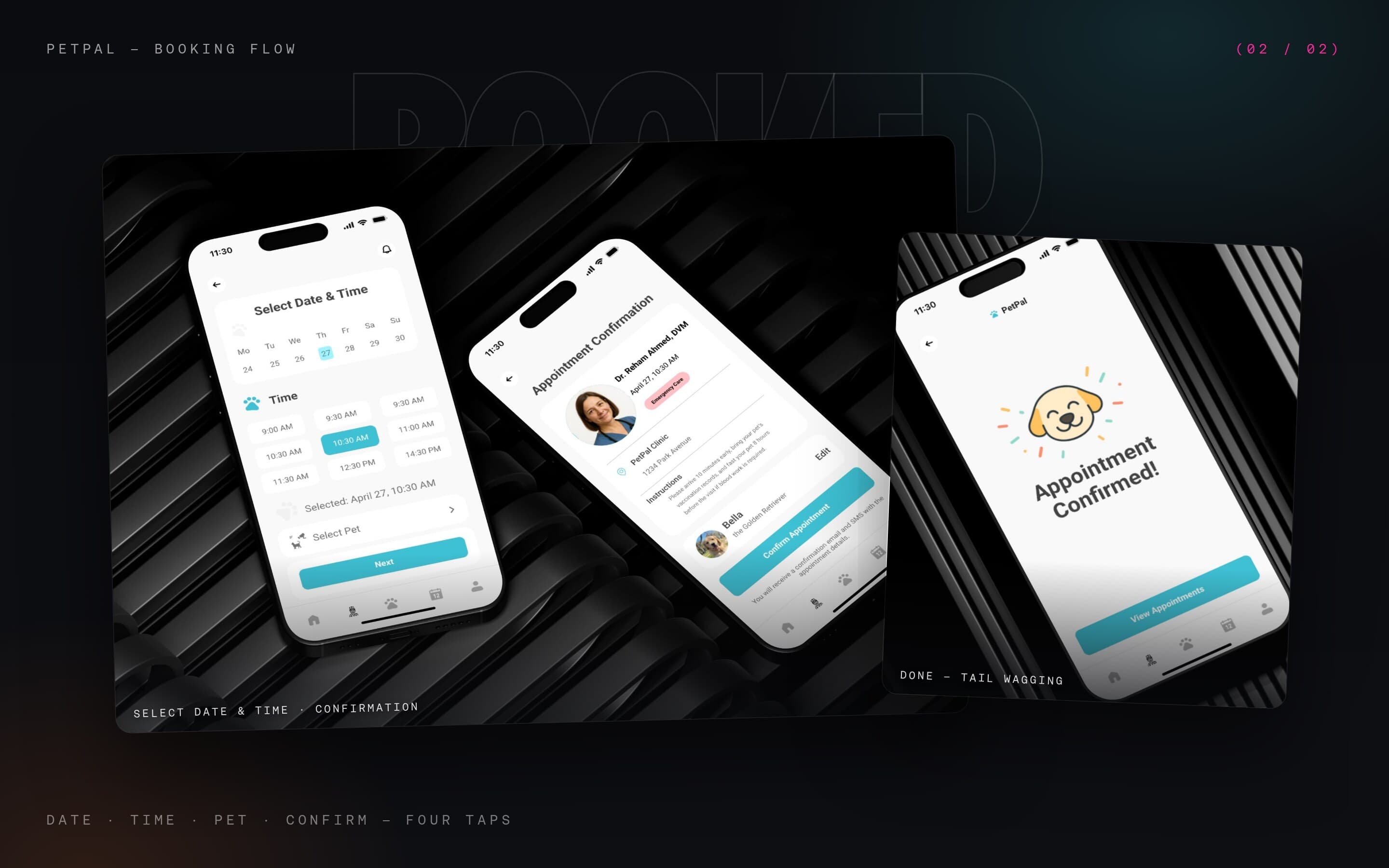 PetPal appointment time selection and confirmation screens