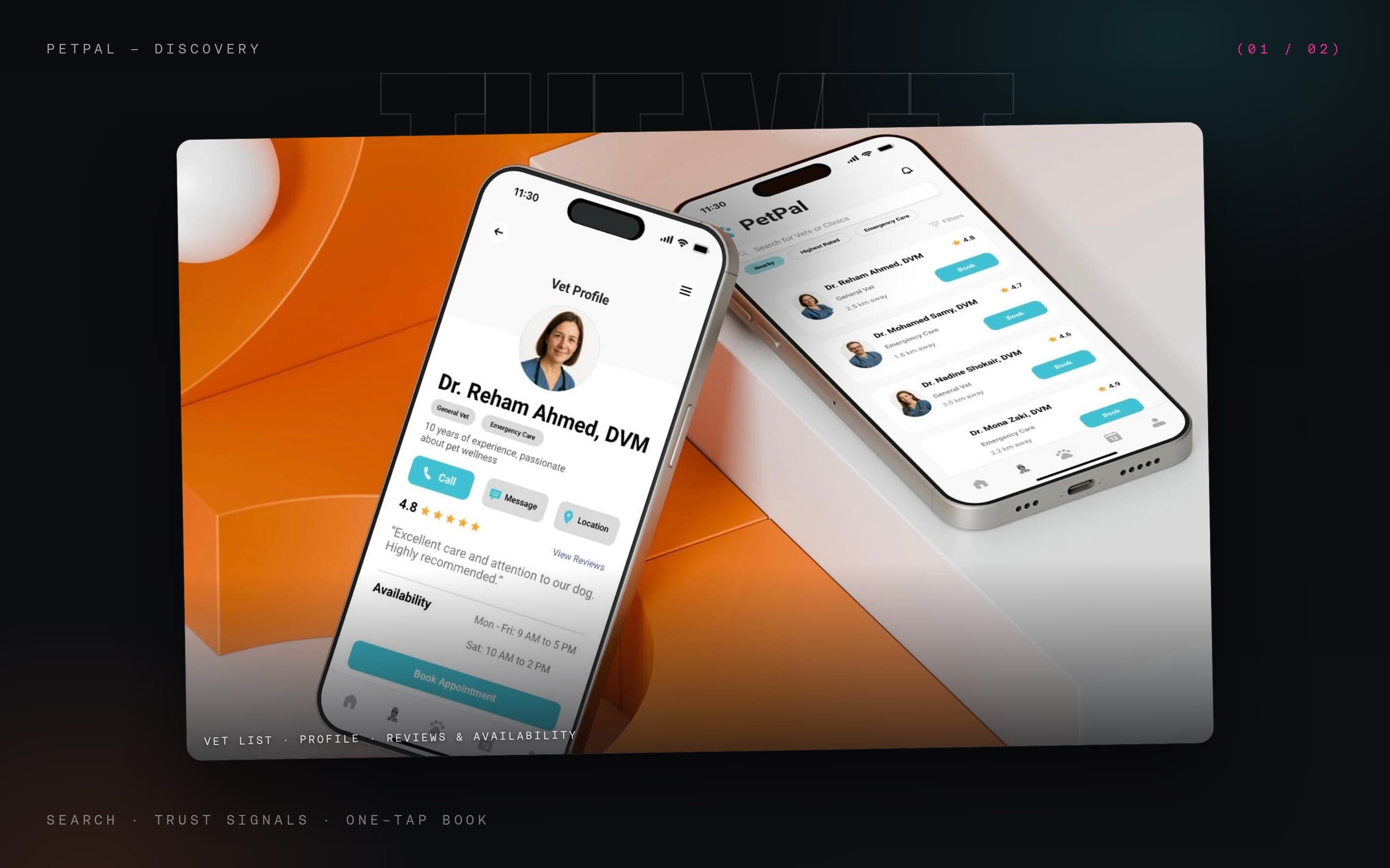 PetPal vet search results and a detailed vet profile