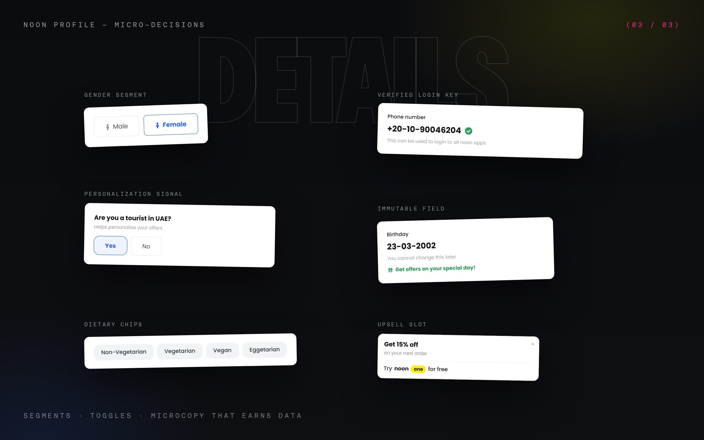 Component details: gender segment, tourist toggle, dietary chips, verified phone, immutable birthday, upsell card