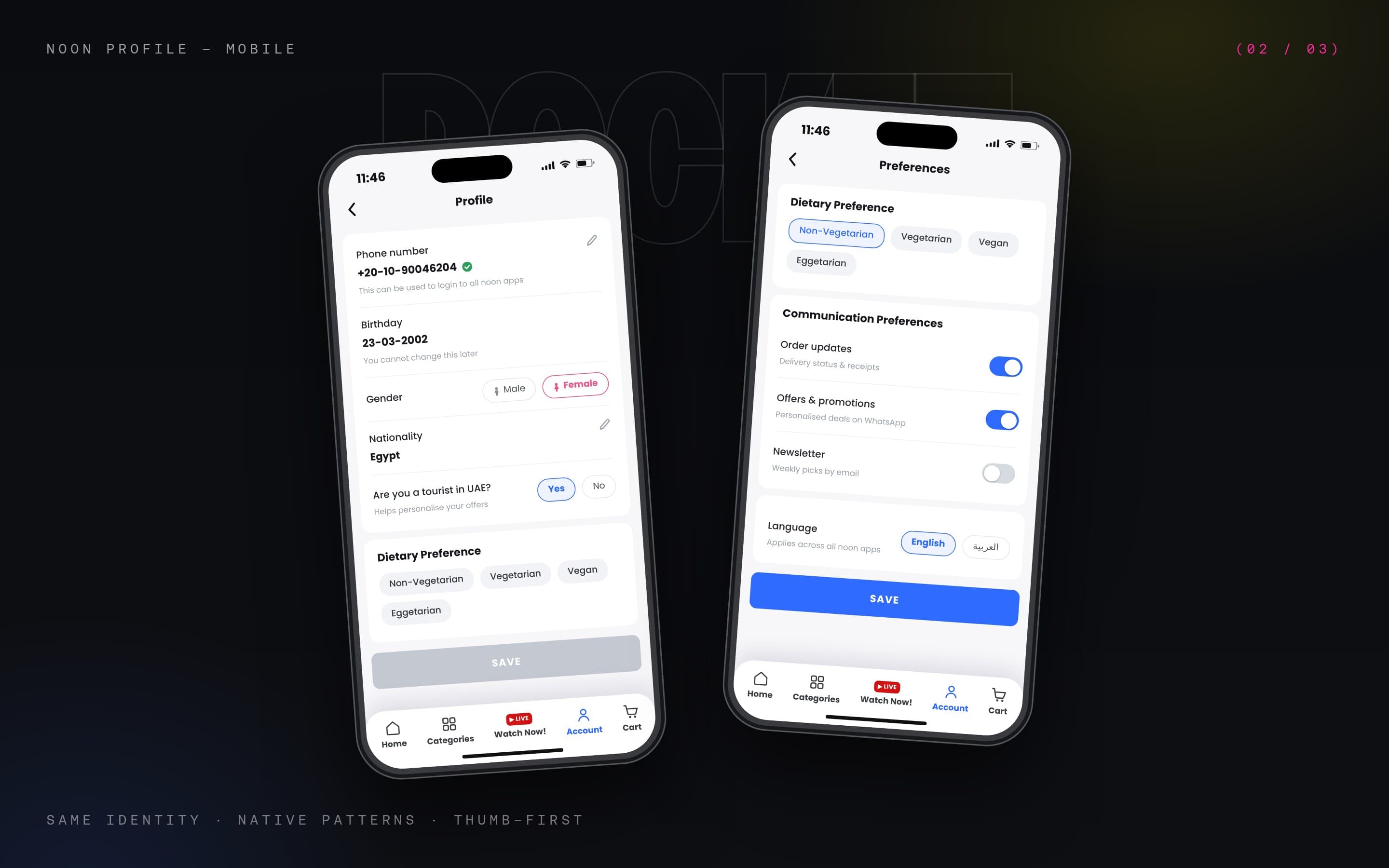 Mobile profile and preferences screens with gender pills, toggles and dietary chips