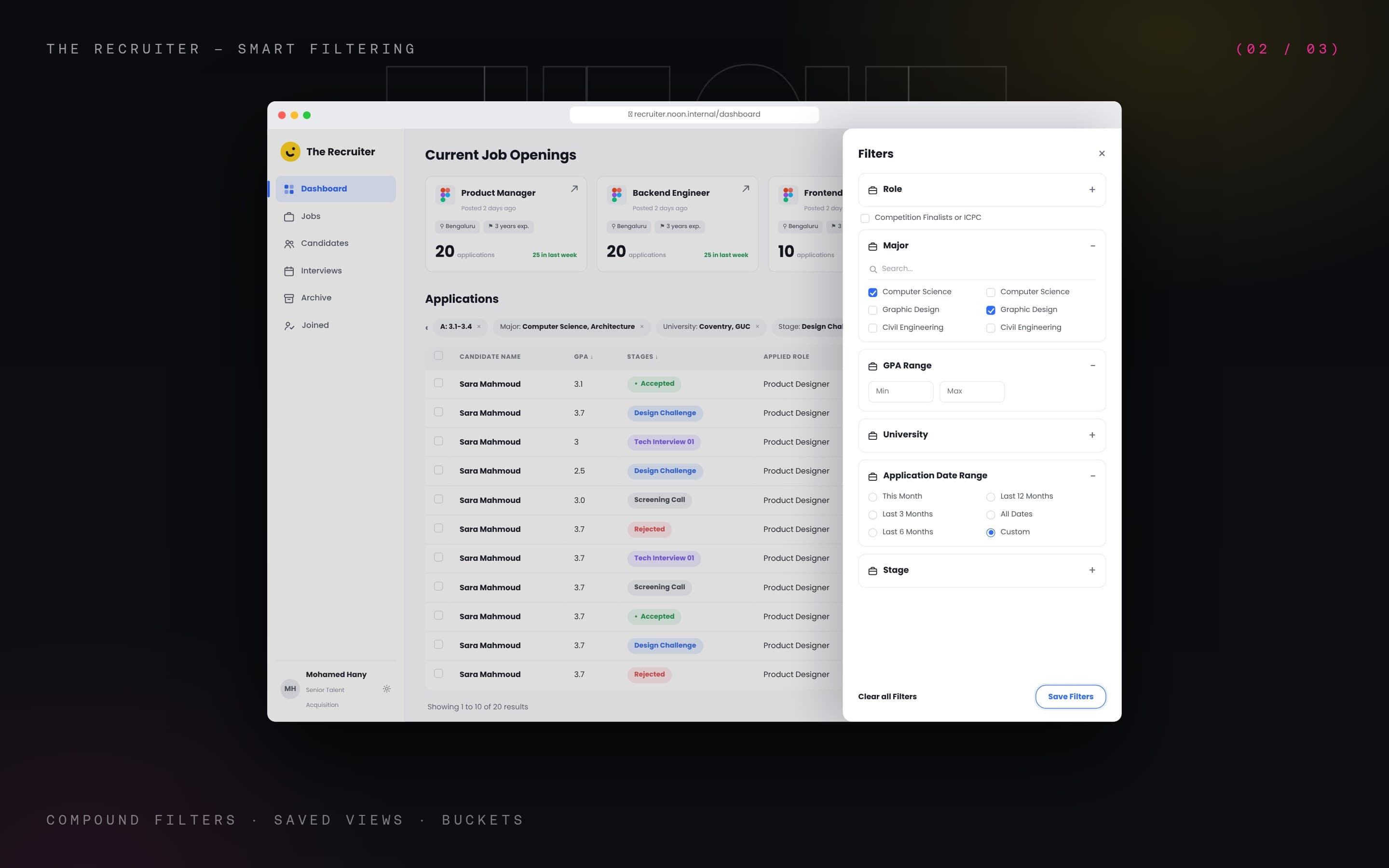 Filters drawer with major, GPA range, university, date range and stage sections