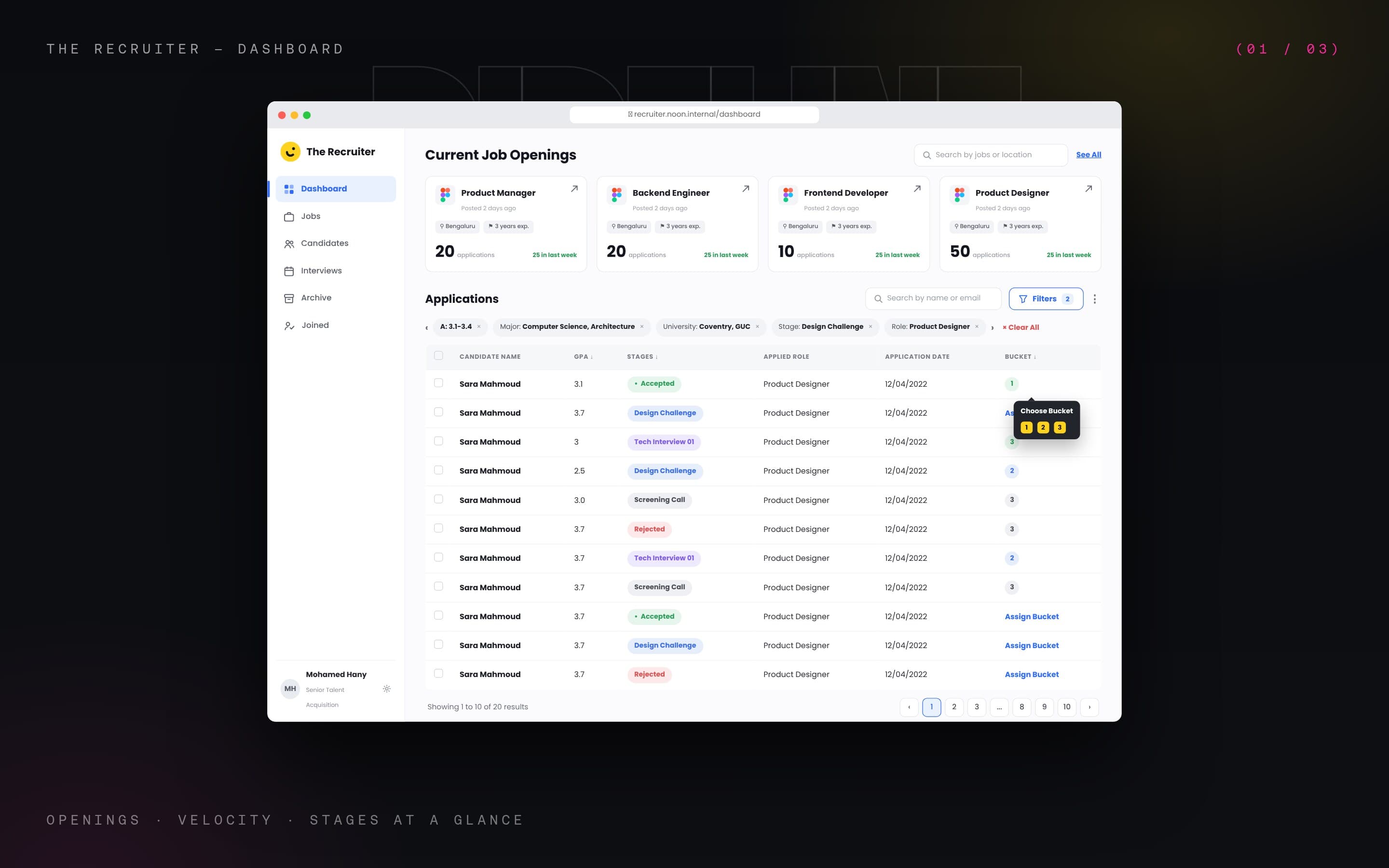 The Recruiter dashboard — job openings, applications table with stages and buckets