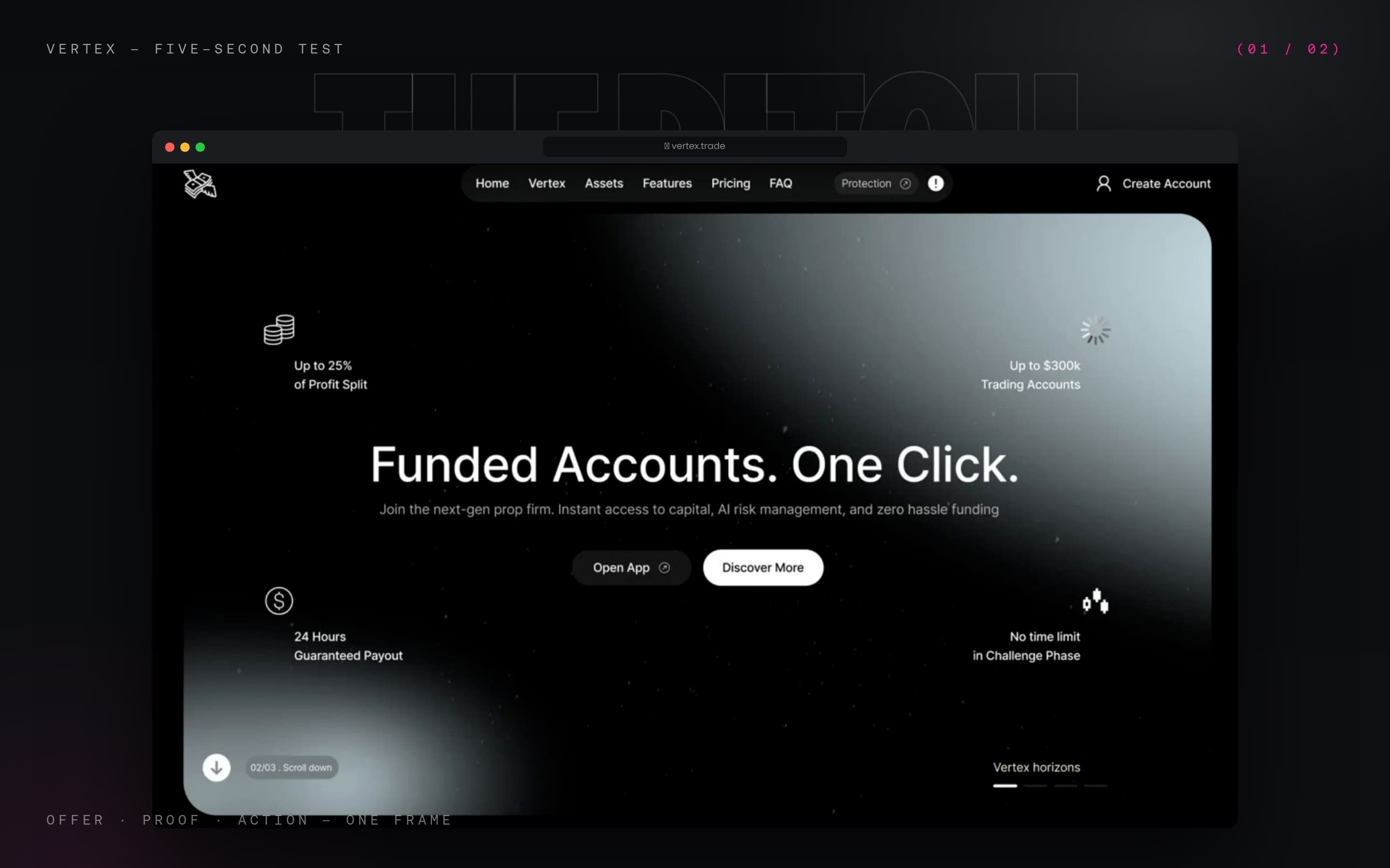 Full Vertex landing page with funded accounts headline and calls to action